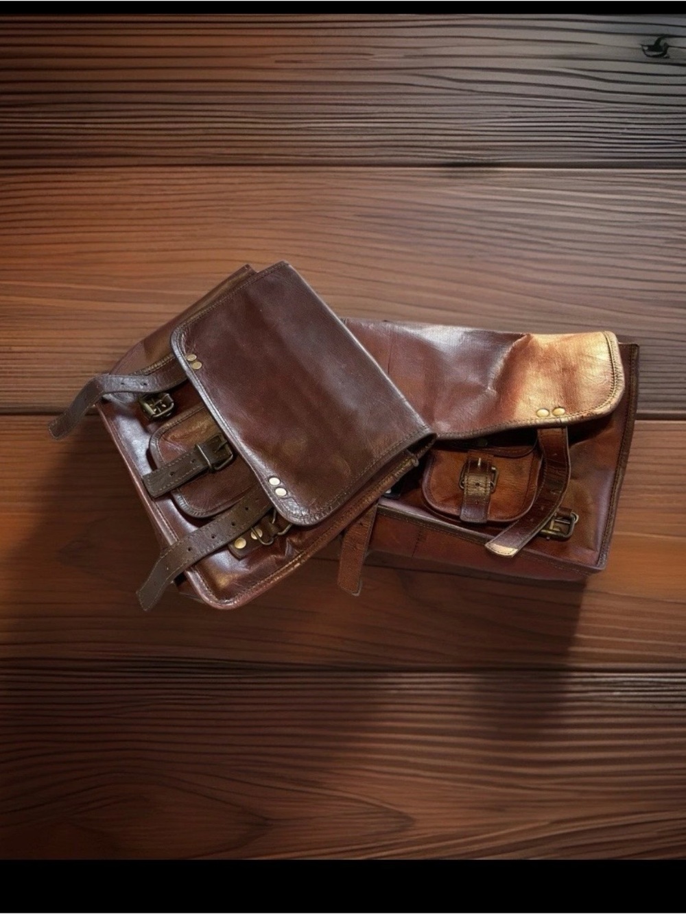 VTG Classic Brown Leather Messenger style motorcycle saddle bag set